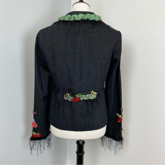 42. Mary Frances Beaded Ribbon Fringe Black Denim Jacket - Picture 6 of 15